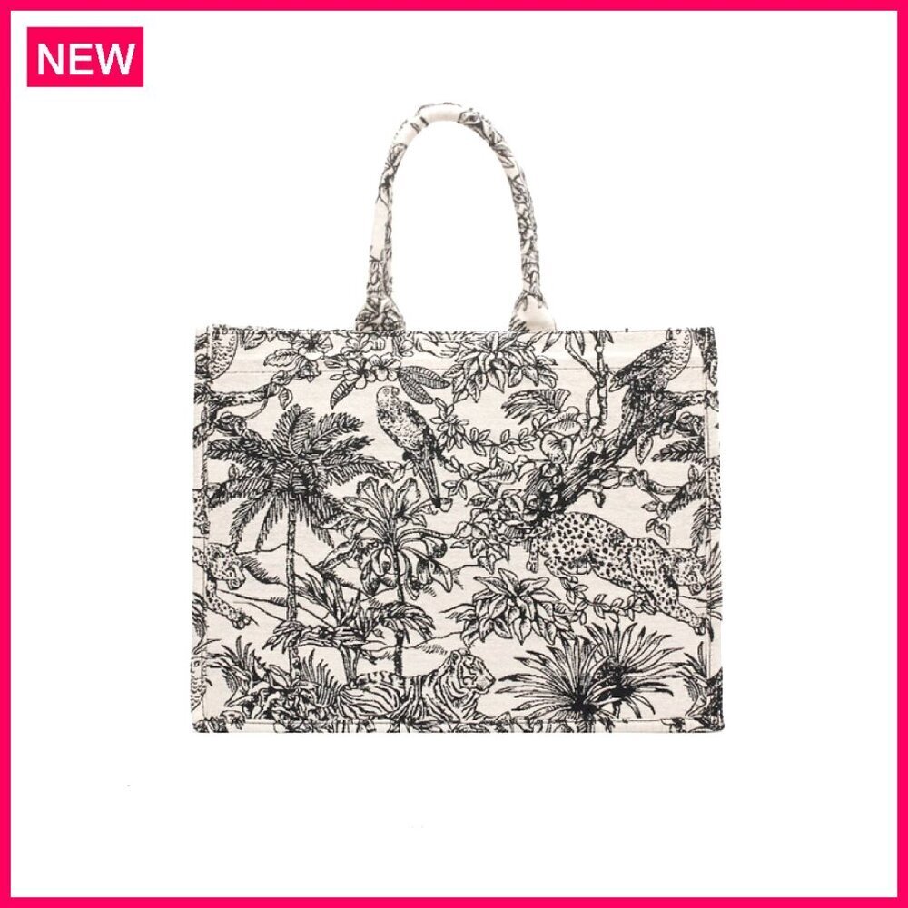 Large Capacity Canvas Tote Bag with Floral Embroidery, Internal Zipper Pocket